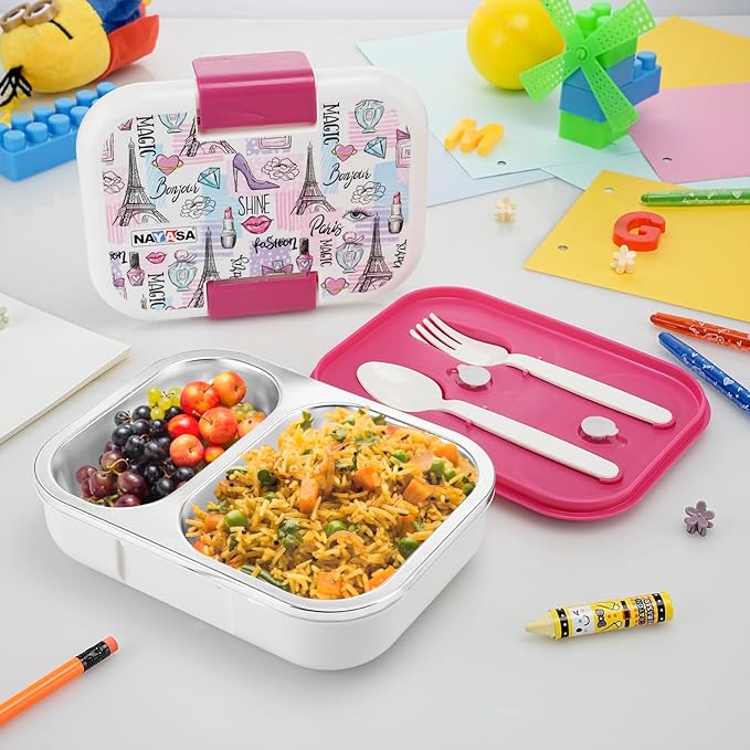 Nayasa Marco 2 Compartment Vaccum Sealed Insulated Stainless Steel Lunch Box for Kids| Paris Print | Leak Proof Tiffin Box | Big | 650 ML