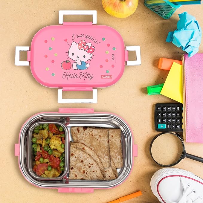 JAYPEE Missteel Hello Kitty Lunch Box Plastic with Inner Stainless Steel Lunch Box for Kids School Girls, Picnic Airtight Leak- Proof Tiffin Box 650 ml,Pink