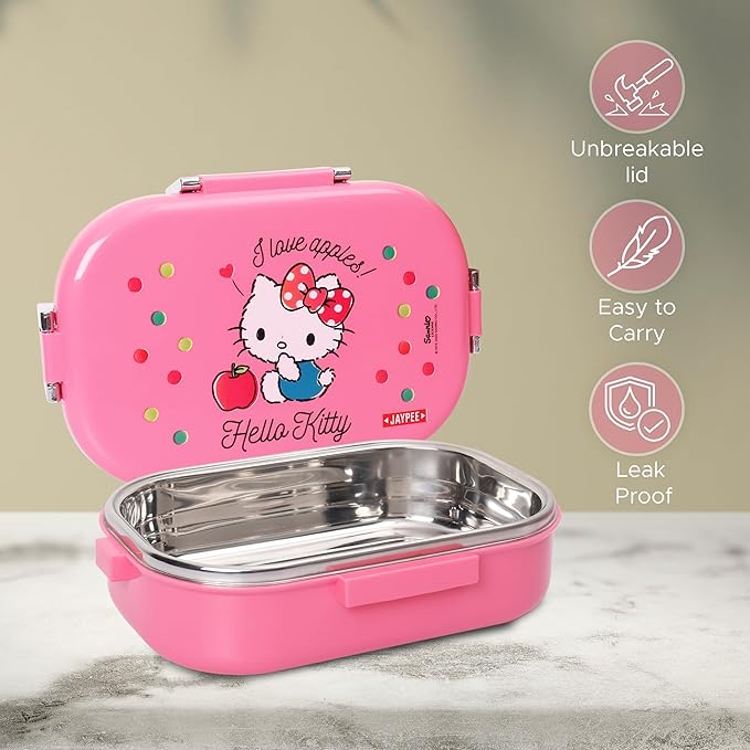 JAYPEE Missteel Hello Kitty Lunch Box Plastic with Inner Stainless Steel Lunch Box for Kids School Girls, Picnic Airtight Leak- Proof Tiffin Box 650 ml,Pink