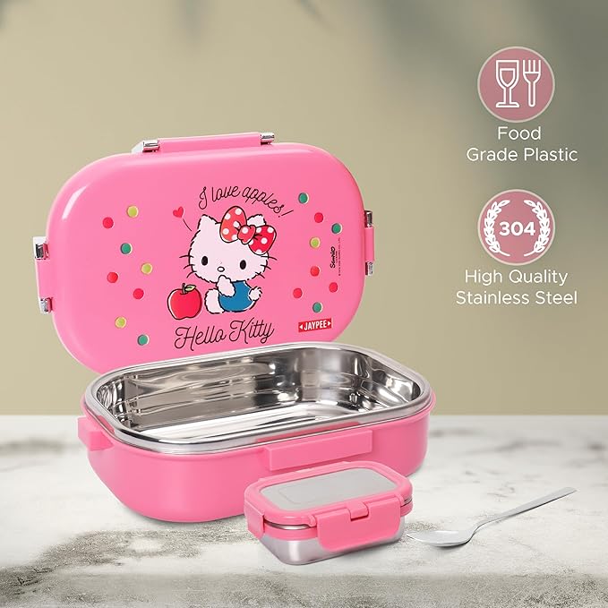 JAYPEE Missteel Hello Kitty Lunch Box Plastic with Inner Stainless Steel Lunch Box for Kids School Girls, Picnic Airtight Leak- Proof Tiffin Box 650 ml,Pink