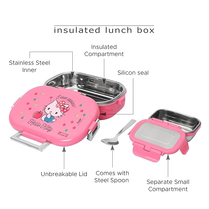 JAYPEE Missteel Hello Kitty Lunch Box Plastic with Inner Stainless Steel Lunch Box for Kids School Girls, Picnic Airtight Leak- Proof Tiffin Box 650 ml,Pink