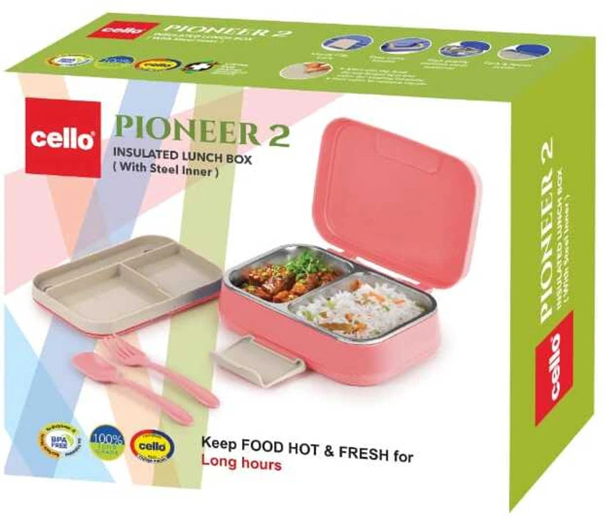 CELLO Pioneer | Insulated Lunch Box with Inner Steel | Separate Steel Compartments with Fork & Spoon | Ideal for College,Office, Outdoor Activities | Set of 1