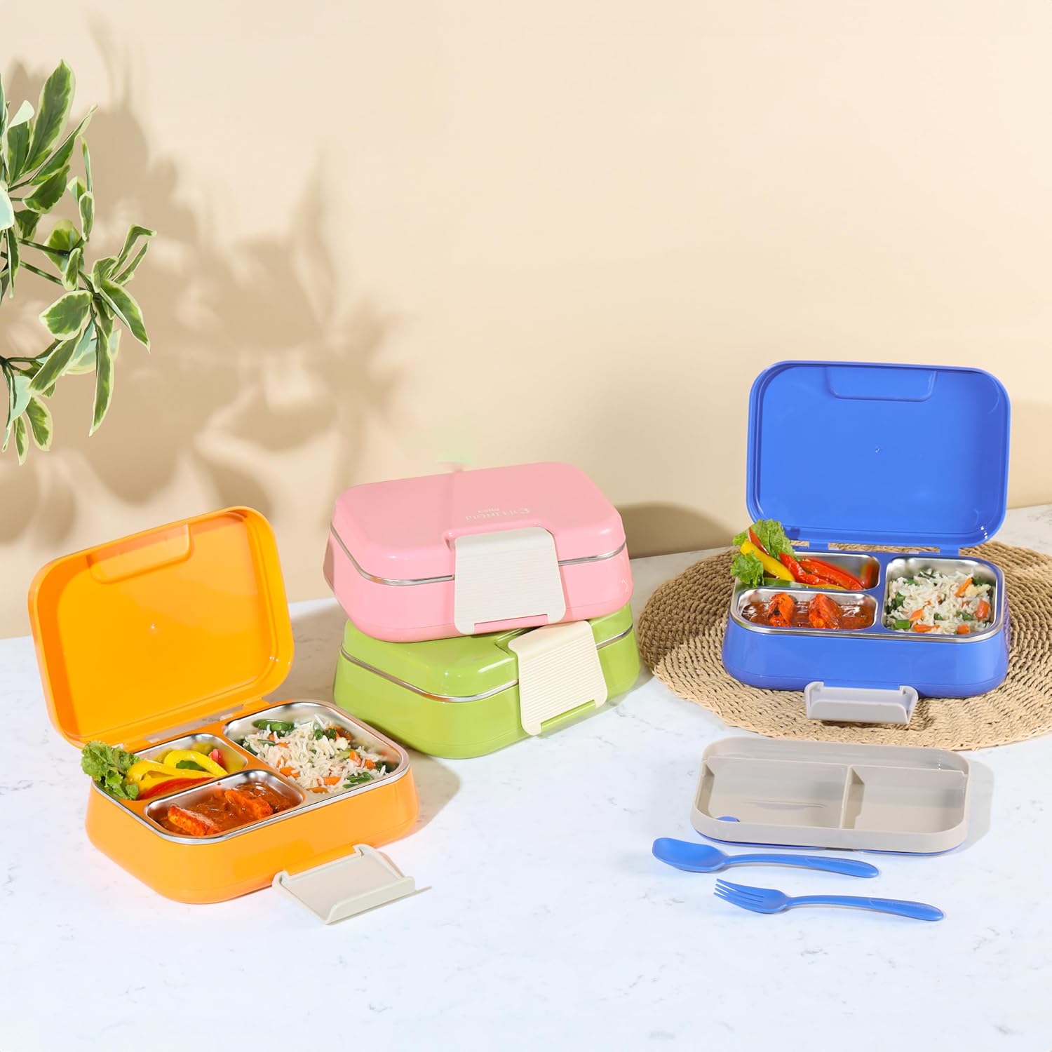 CELLO Pioneer | Insulated Lunch Box with Inner Steel | Separate Steel Compartments with Fork & Spoon | Ideal for College,Office, Outdoor Activities | Set of 1