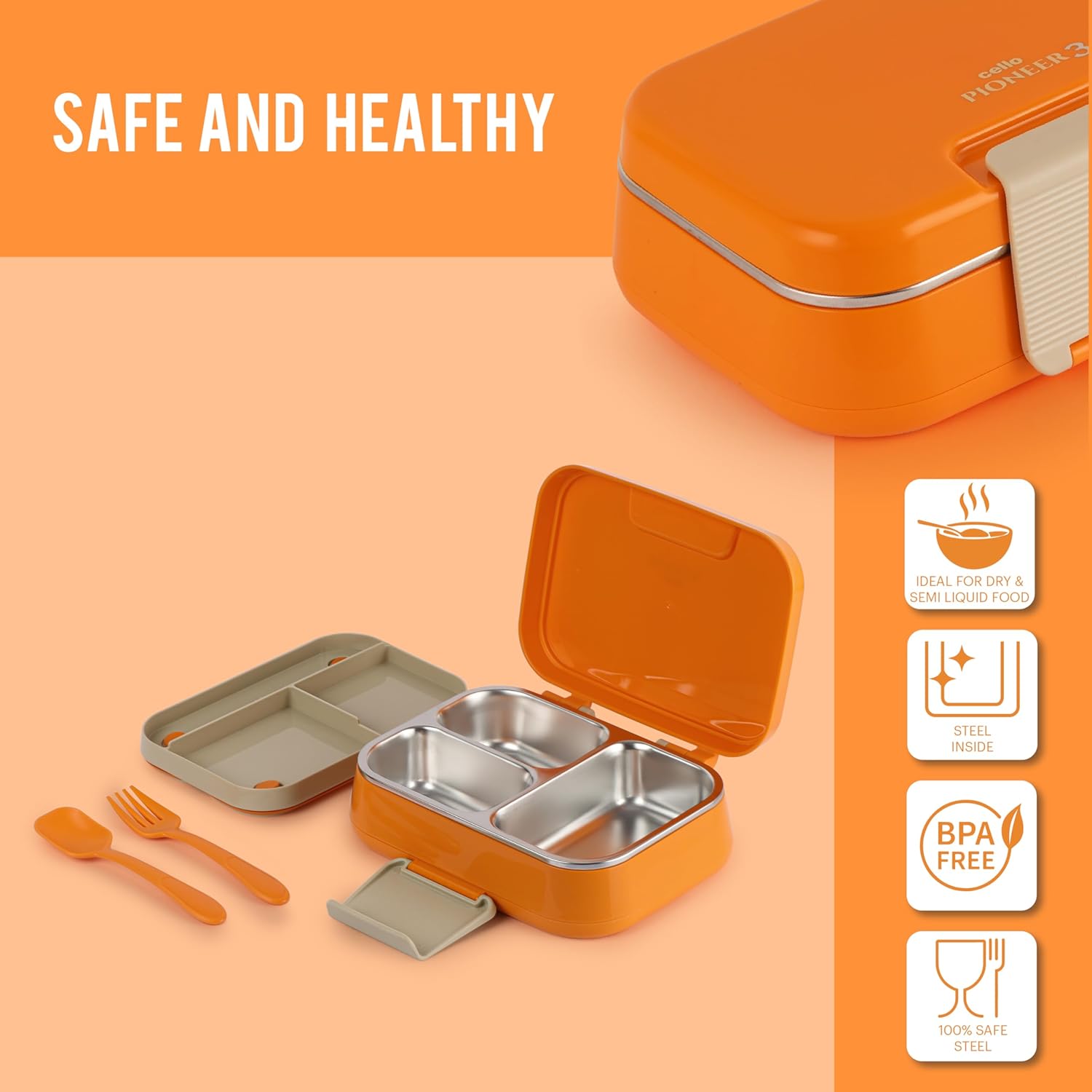 CELLO Pioneer | Insulated Lunch Box with Inner Steel | Separate Steel Compartments with Fork & Spoon | Ideal for College,Office, Outdoor Activities | Set of 1