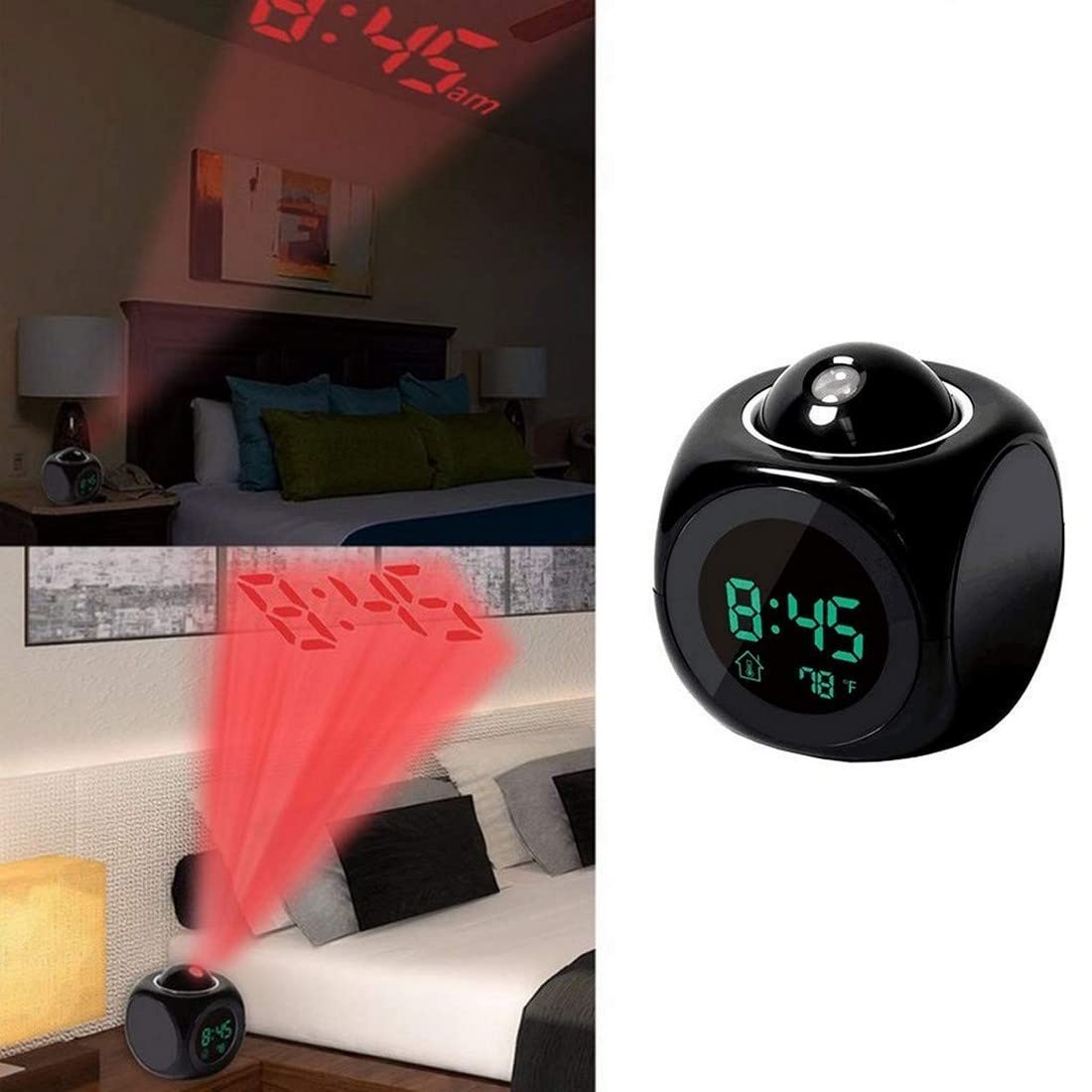 Digital LCD Display Colorful Voice Projection Alarm Clock Weather Station LED with Temperature Wake Up Projector Clocks Without Battery - Black