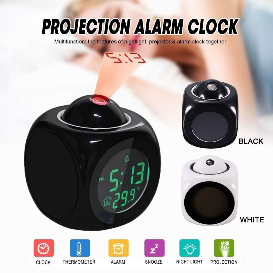 Digital LCD Display Colorful Voice Projection Alarm Clock Weather Station LED with Temperature Wake Up Projector Clocks Without Battery - Black