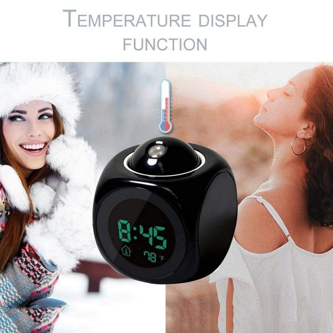 Digital LCD Display Colorful Voice Projection Alarm Clock Weather Station LED with Temperature Wake Up Projector Clocks Without Battery - Black