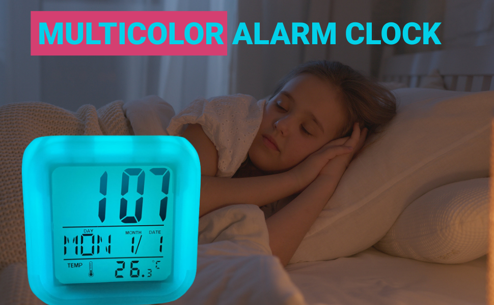 Multicolour Clock (Rainbow clock) | Digital Led Alarm Clock For Table Home Desk Night Table | With Temperature/Day/Month/Date/Time/Alarm