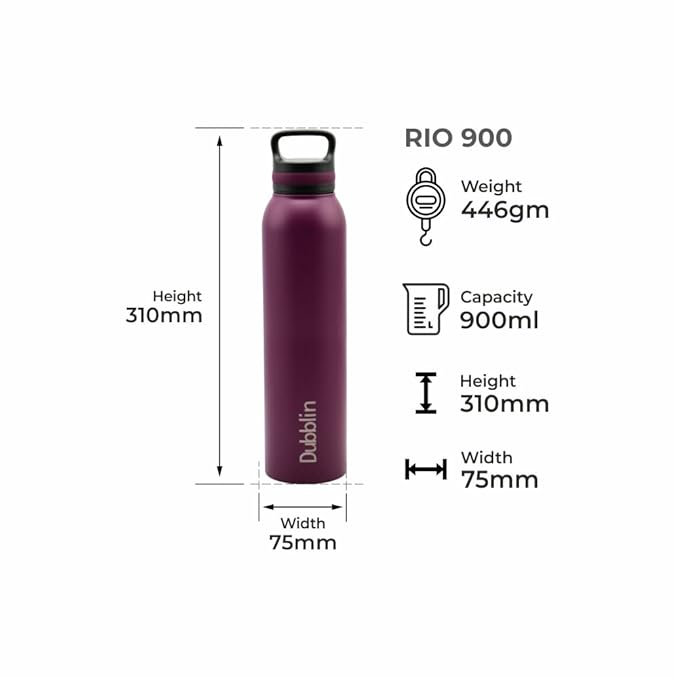 Dubblin Rio Stainless Steel Double Wall Vacuum Insulated BPA Free Water Bottle with Anti Skid Bottom & Leak Proof Lid, Thermos Flask Keeps Hot 12 Hours, Cold 24 Hours 900ML