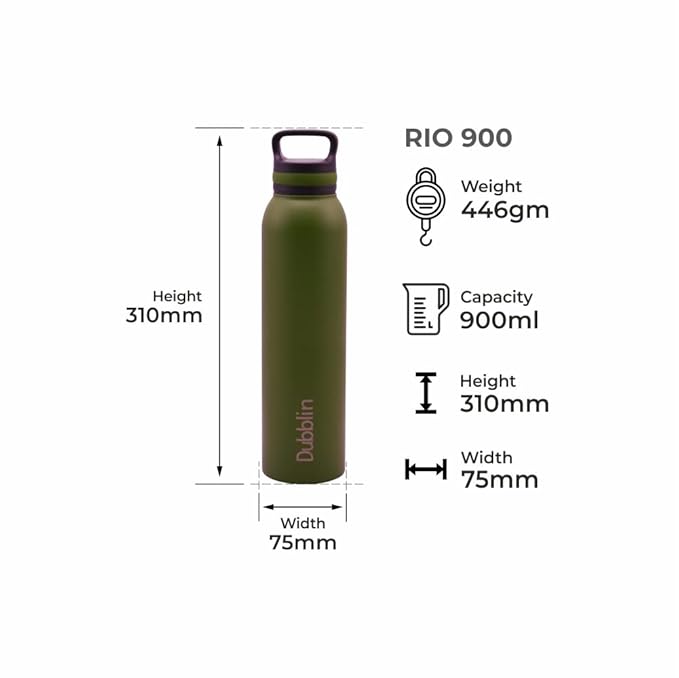 Dubblin Rio Stainless Steel Double Wall Vacuum Insulated BPA Free Water Bottle with Anti Skid Bottom & Leak Proof Lid, Thermos Flask Keeps Hot 12 Hours, Cold 24 Hours 900ML
