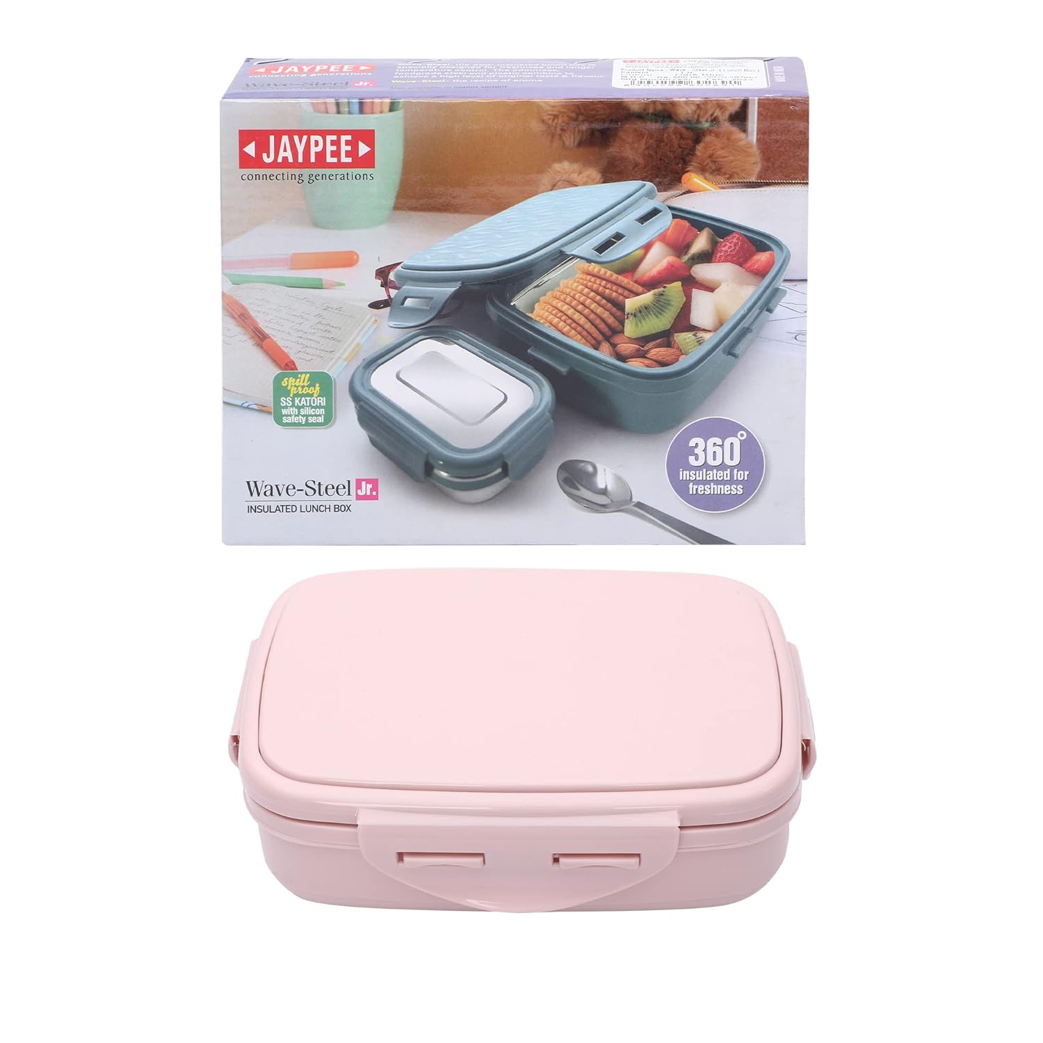JAYPEE Inner Stainless Steel Insulated Lunch Box Wavesteel Jr. Pink, 500 ml, Airtight Tiffin Box for School Kids |Spillproof with Silicon Seal |Food Grade | BPA Free