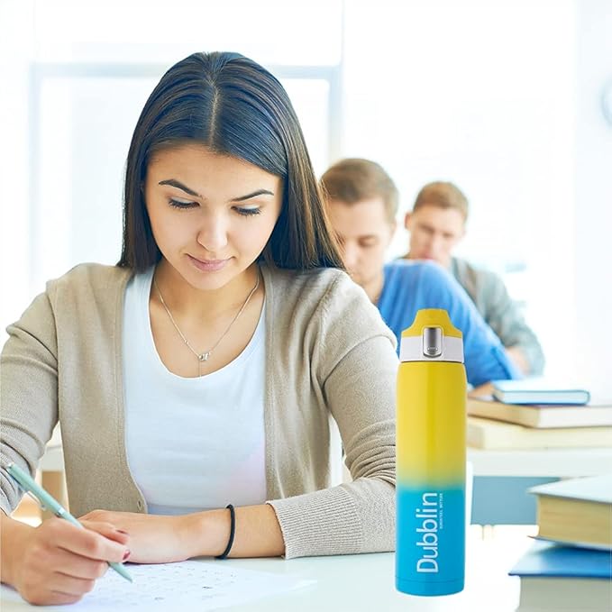 Dubblin Shade Stainless Steel Double Wall Vacuum Insulated BPA Free Water Bottle with Anti Skid Bottom & Leak Proof Lid, Sports Thermos Flask Keeps Hot 6 Hours, Cold 12 Hours (Yellow 475 ML)