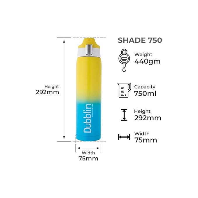 Dubblin Shade Stainless Steel Double Wall Vacuum Insulated BPA Free Water Bottle with Anti Skid Bottom & Leak Proof Lid, Sports Thermos Flask Keeps Hot 6 Hours, Cold 12 Hours (Yellow 475 ML)