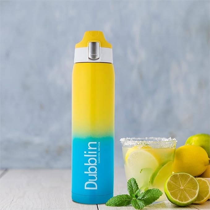 Dubblin Shade Stainless Steel Double Wall Vacuum Insulated BPA Free Water Bottle with Anti Skid Bottom & Leak Proof Lid, Sports Thermos Flask Keeps Hot 6 Hours, Cold 12 Hours (Yellow 475 ML)