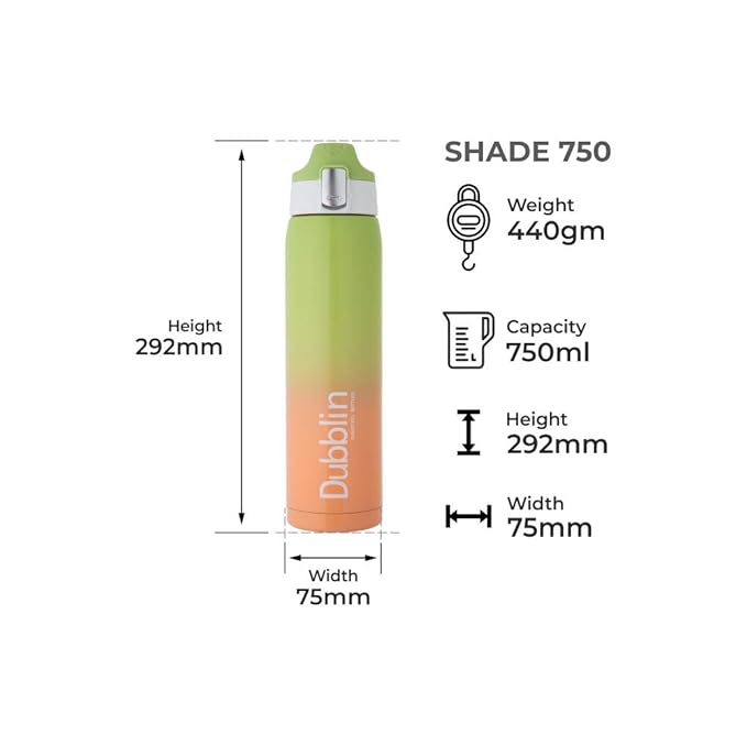 Dubblin Shade Stainless Steel Double Wall Vacuum Insulated BPA Free Water Bottle with Anti Skid Bottom & Leak Proof Lid, Sports Thermos Flask Keeps Hot 6 Hours, Cold 12 Hours (Yellow 475 ML)