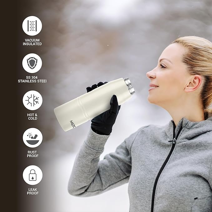 Milton Sparkle 600 Thermosteel Water Bottle with Easy Sip Cap and Handle, 925 ml, Vacuum Insulated Stainless Steel, Hot and Cold, On The Go Bottle for Office College, Ivory