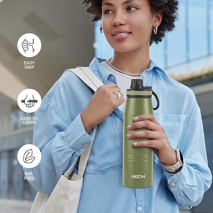 Milton Sparkle 600 Thermosteel Water Bottle with Easy Sip Cap and Handle, 925 ml, Vacuum Insulated Stainless Steel, Hot and Cold, On The Go Bottle for Office College, Ivory
