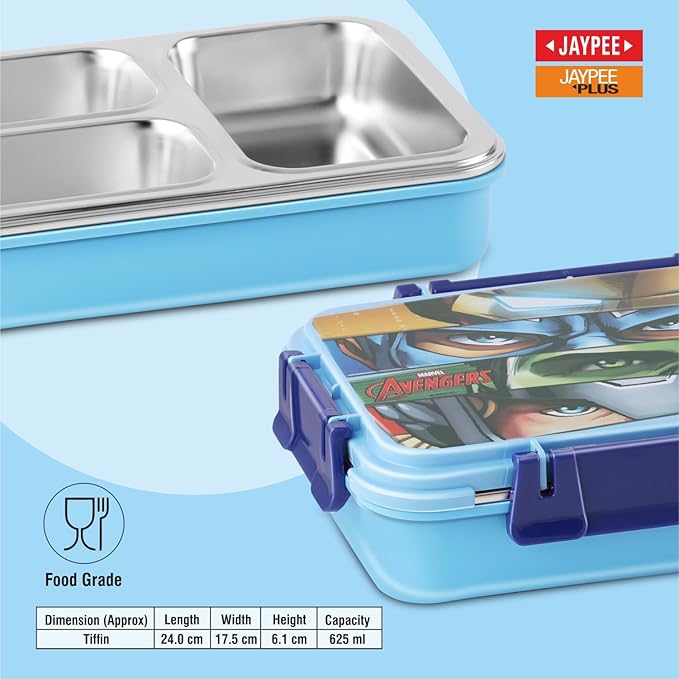 JAYPEE Toon Box 3 Marvel Series Power Avengers Inner Stainless Steel Insulated Lunch Box for School Kids |Airtight Leakproof Tiffin Box with 2 Additional Lock |Food Grade|BPA Free, 625 ml