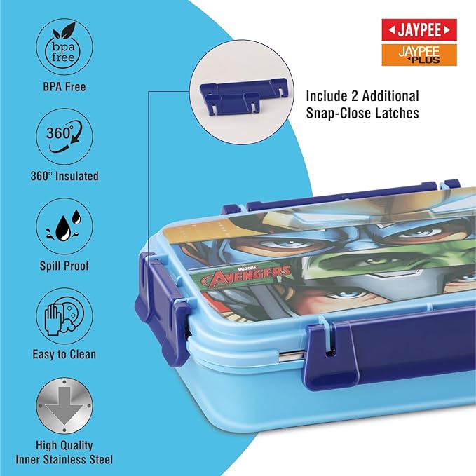 JAYPEE Toon Box 3 Marvel Series Power Avengers Inner Stainless Steel Insulated Lunch Box for School Kids |Airtight Leakproof Tiffin Box with 2 Additional Lock |Food Grade|BPA Free, 625 ml