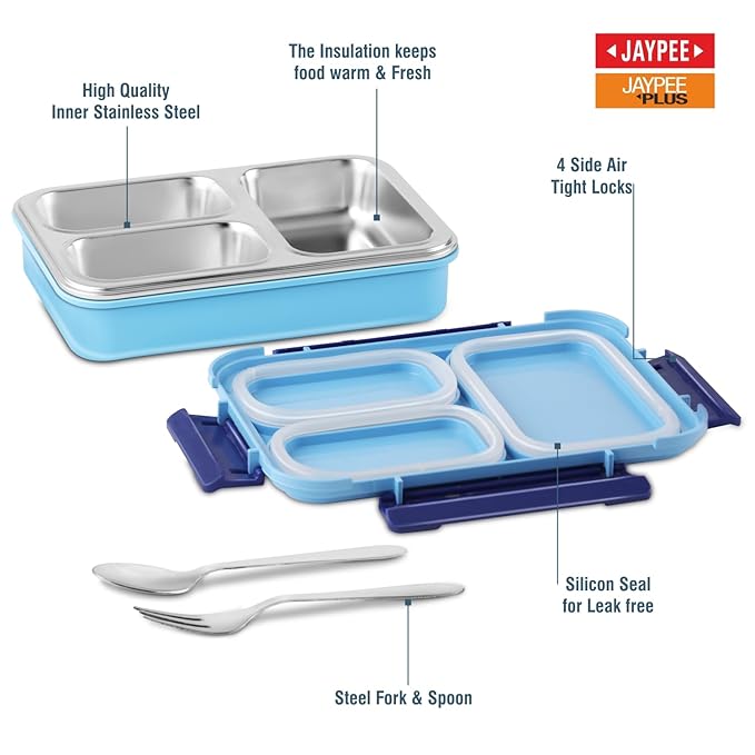 JAYPEE Toon Box 3 Marvel Series Power Avengers Inner Stainless Steel Insulated Lunch Box for School Kids |Airtight Leakproof Tiffin Box with 2 Additional Lock |Food Grade|BPA Free, 625 ml