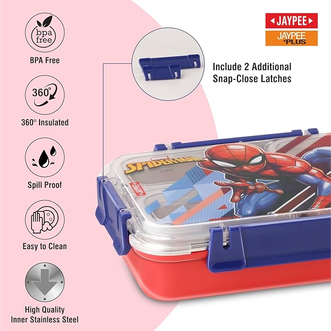 JAYPEE Toon Box 3 Marvel Series Power Avengers Inner Stainless Steel Insulated Lunch Box for School Kids |Airtight Leakproof Tiffin Box with 2 Additional Lock |Food Grade|BPA Free, 625 ml