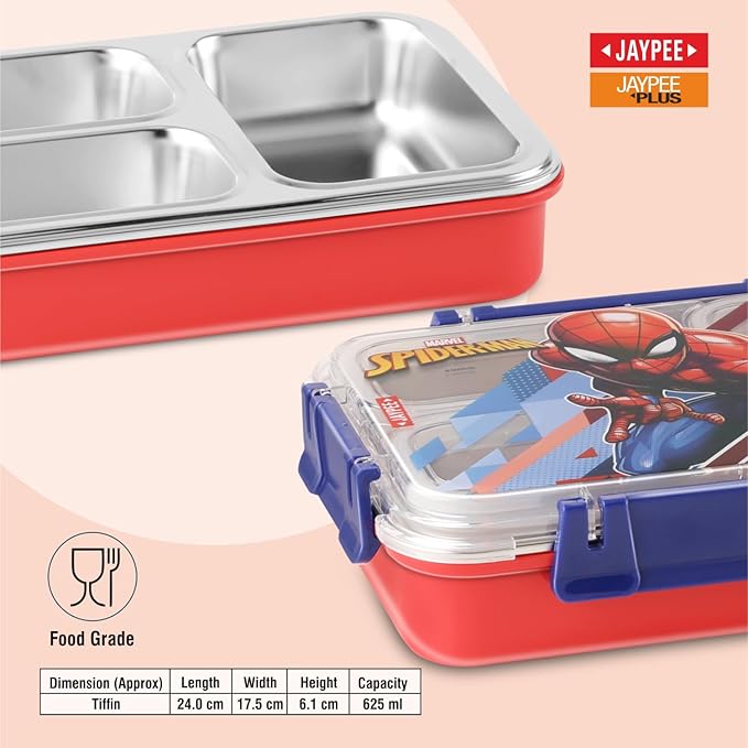JAYPEE Toon Box 3 Marvel Series Power Avengers Inner Stainless Steel Insulated Lunch Box for School Kids |Airtight Leakproof Tiffin Box with 2 Additional Lock |Food Grade|BPA Free, 625 ml