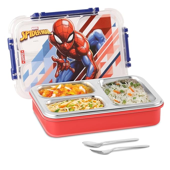 JAYPEE Toon Box 3 Marvel Series Power Avengers Inner Stainless Steel Insulated Lunch Box for School Kids |Airtight Leakproof Tiffin Box with 2 Additional Lock |Food Grade|BPA Free, 625 ml