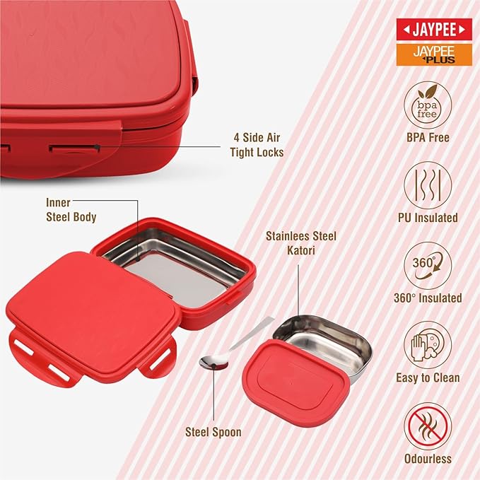 JAYPEE Inner Stainless Steel Insulated Lunch Box Wavesteel Sr. Red, 500 ml, Airtight Lunch Box for School Kids |Spillproof with Silicon Seal | Food Grade | BPA Free