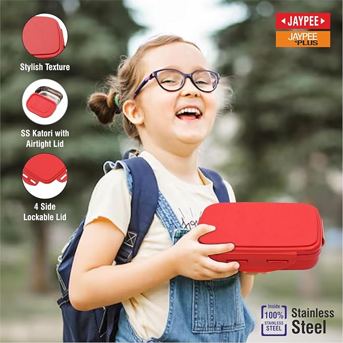 JAYPEE Inner Stainless Steel Insulated Lunch Box Wavesteel Sr. Red, 500 ml, Airtight Lunch Box for School Kids |Spillproof with Silicon Seal | Food Grade | BPA Free
