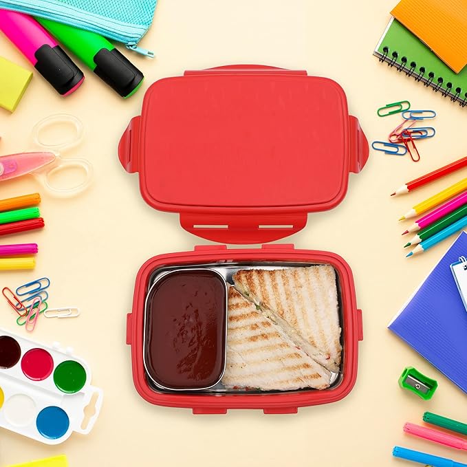 JAYPEE Inner Stainless Steel Insulated Lunch Box Wavesteel Sr. Red, 500 ml, Airtight Lunch Box for School Kids |Spillproof with Silicon Seal | Food Grade | BPA Free