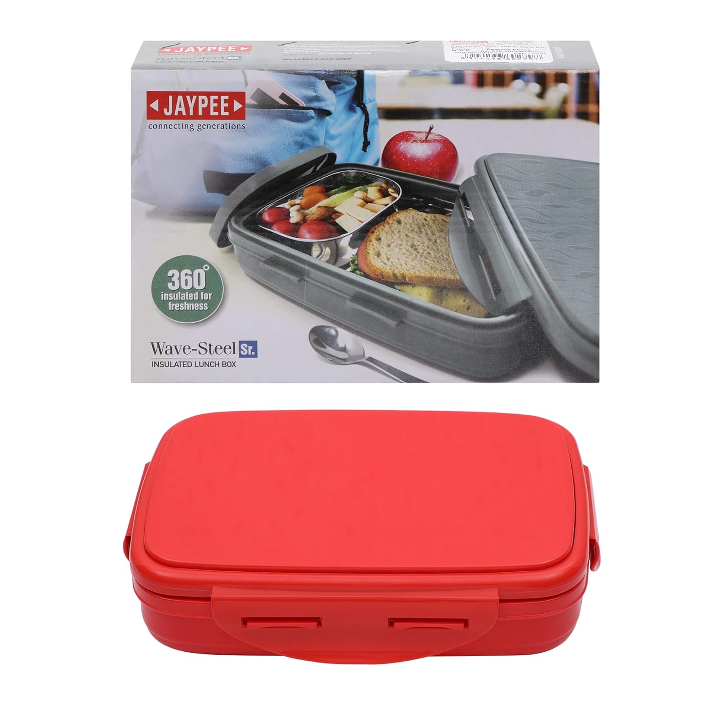JAYPEE Inner Stainless Steel Insulated Lunch Box Wavesteel Sr. Red, 500 ml, Airtight Lunch Box for School Kids |Spillproof with Silicon Seal | Food Grade | BPA Free