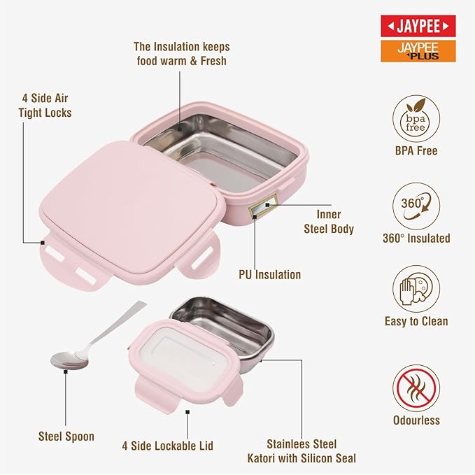 JAYPEE Inner Stainless Steel Insulated Lunch Box Wavesteel Jr. Pink, 500 ml, Airtight Tiffin Box for School Kids |Spillproof with Silicon Seal |Food Grade | BPA Free