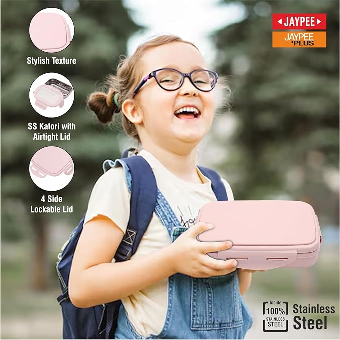 JAYPEE Inner Stainless Steel Insulated Lunch Box Wavesteel Jr. Pink, 500 ml, Airtight Tiffin Box for School Kids |Spillproof with Silicon Seal |Food Grade | BPA Free