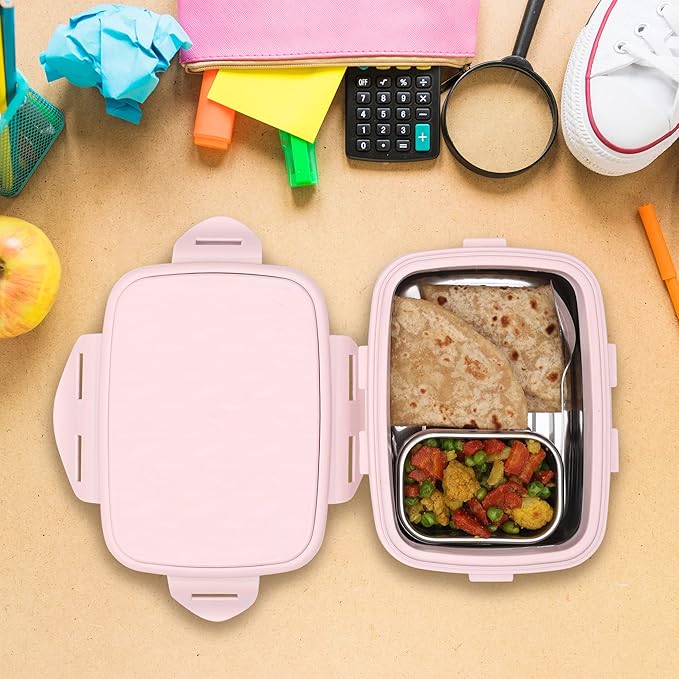 JAYPEE Inner Stainless Steel Insulated Lunch Box Wavesteel Jr. Pink, 500 ml, Airtight Tiffin Box for School Kids |Spillproof with Silicon Seal |Food Grade | BPA Free